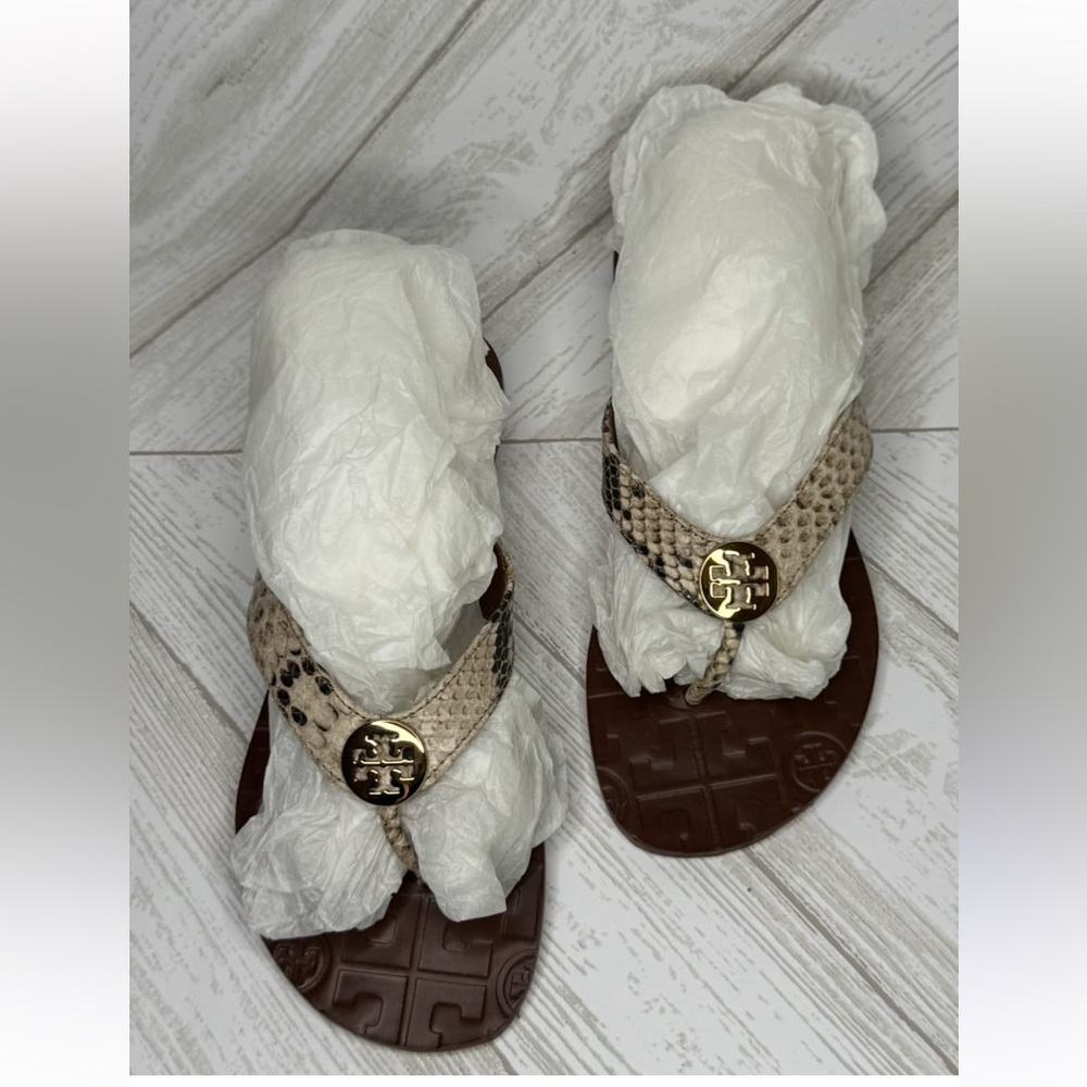 Tory Burch Beige Snakeskin Sandals with Gold Logo